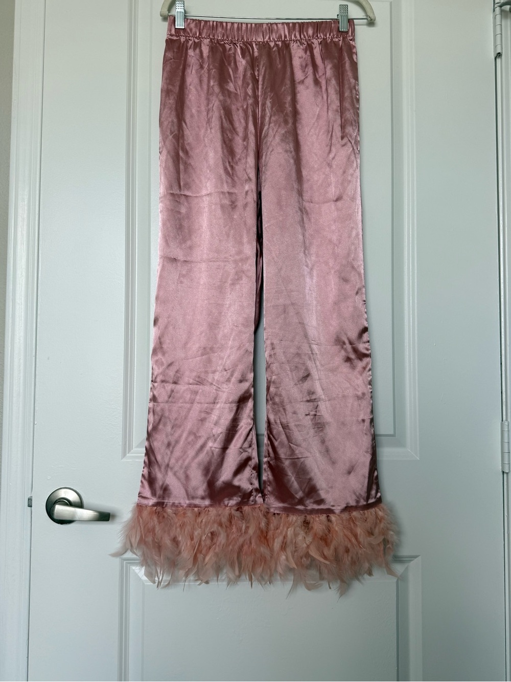 Mauve Pink Satin Pajama Pants with Faux Feather Trim Small Girly Bachelorette